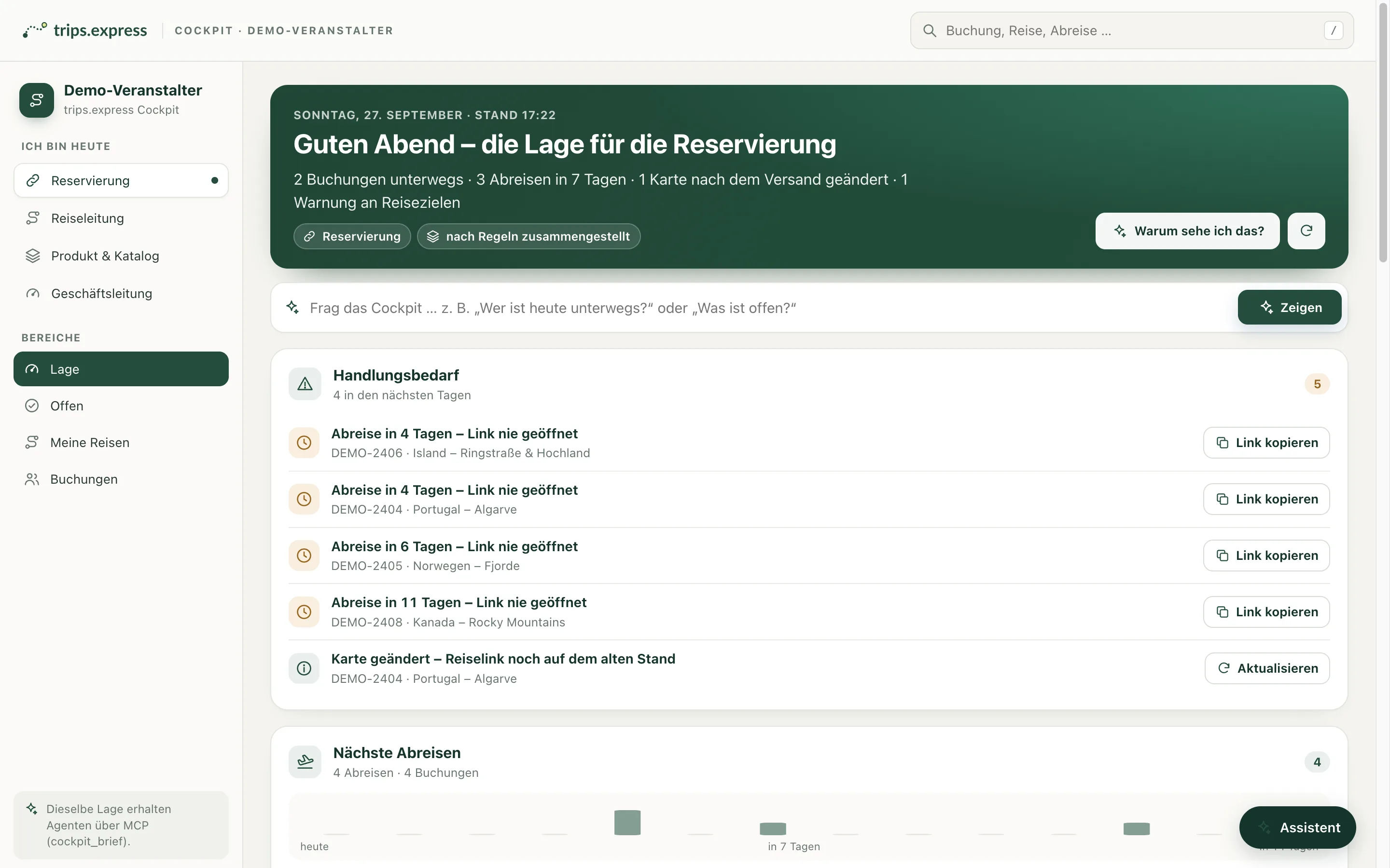 Cockpit eines Demo-Veranstalters: Lage für die Reservierung mit Handlungsbedarf und nächsten Abreisen