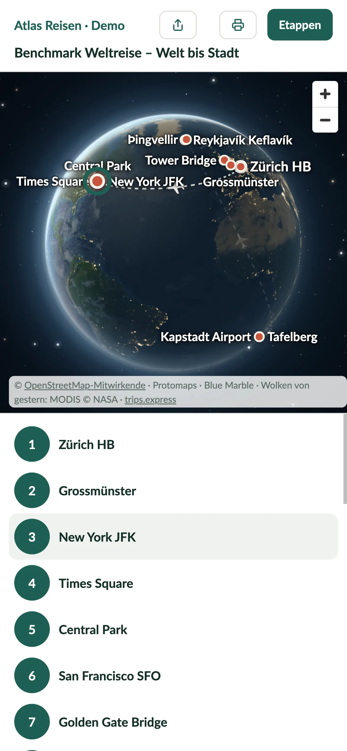 Etappenliste auf dem Handy